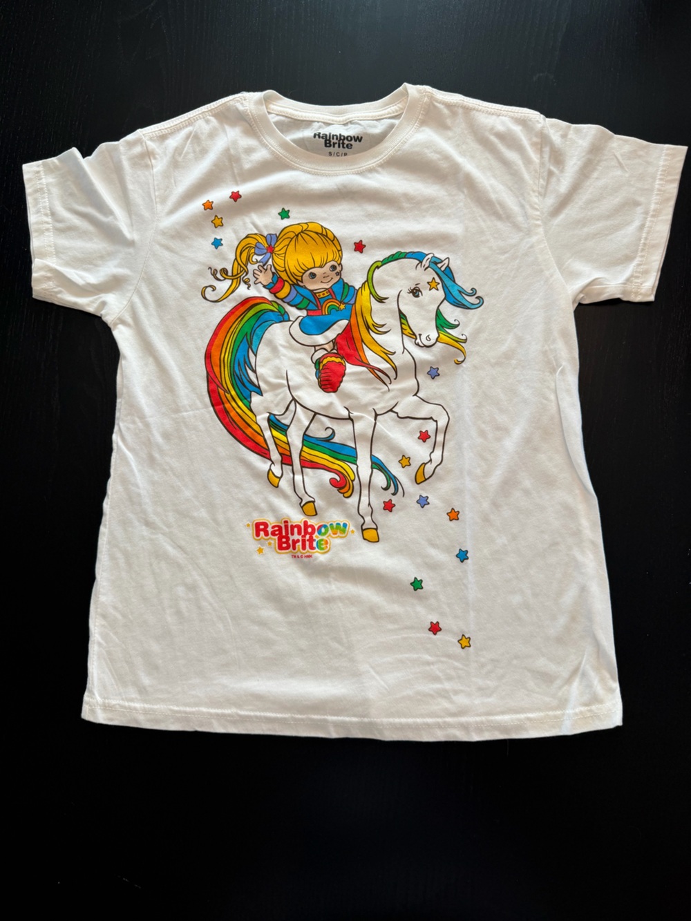 Rainbow Brite White Tee with Rainbow Unicorn Graphic